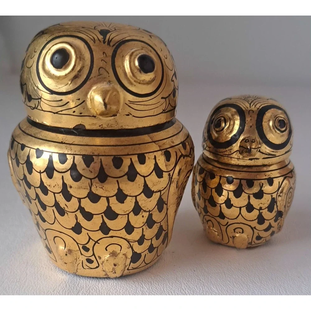 Vintage Burmese Owl Gold Gilt Lacquer Nesting Boxes Set Of 2